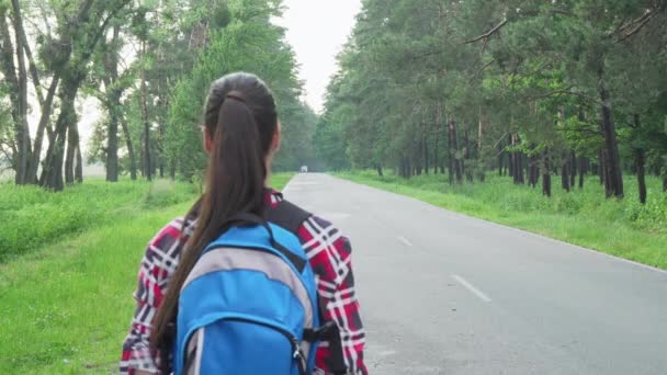 Mutlu kadın backpacker kırsal yolda yürüyüş doğa hayran - Video, Çekim
