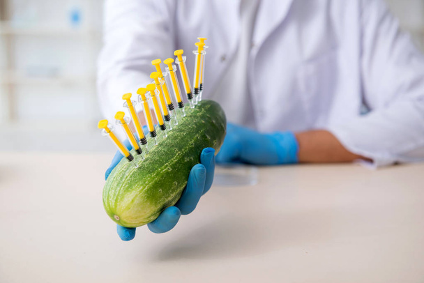 研究室での男性栄養専門家の試験野菜 - 写真・画像