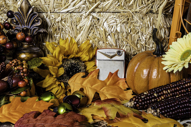 podzimní scéna tranzistor rádia obklopená oranžovými dýně žluté slunečnice podzimní listí a balík slámy - Fotografie, Obrázek