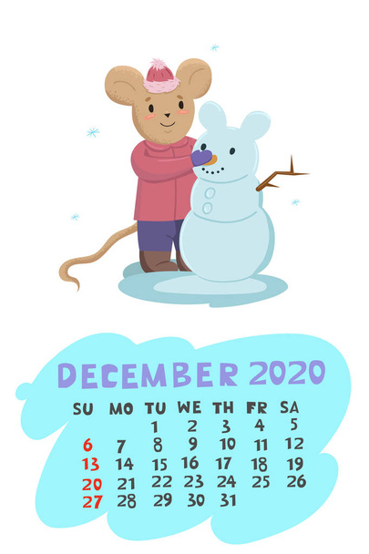 Календар на грудень 2020 року з мишкою, яка скульптури сніговика. Векторна графіка
. - Вектор, зображення
