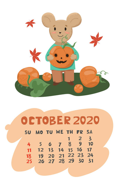 Ratón mantiene calendario de calabazas para octubre 2020 Gráficos vectoriales
 - Vector, imagen