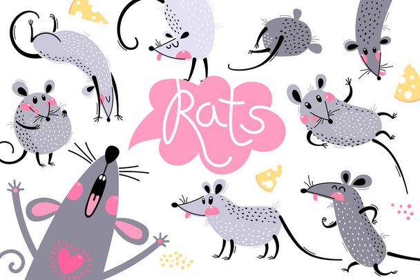 Sada zábavného potkana pro design. Roztomilá myšky v různých póze. Veselý Myšák. Vektorová ilustrace - Vektor, obrázek