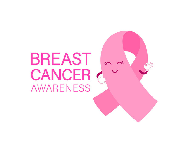 Σχέδιο ροζ κορδέλα χαρακτήρα κινουμένων σχεδίων. Εκστρατεία για τον καρκίνο του μαστού. Σχεδίαση εικονιδίων για αφίσα, πανό, μπλουζάκι. Εικόνα απομονωμένη σε λευκό φόντο. - Διάνυσμα, εικόνα