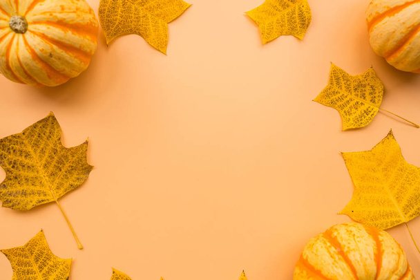 Jesienna Rama wykonana z dyni i opadłych liści na pastelowych pomarańczowych tle. Jesień, Halloween i Dziękczynienia koncepcji. Stylizowana Fotografia płasko leżała fotografii. Widok z góry. Puste miejsce na tekst. - Zdjęcie, obraz