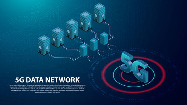 5g komunikacji technologii sieci danych z płytą Drukową jest tłem. LTE antena połączenie sieciowe, najszybszy Internet w przyszłości - Wektor, obraz