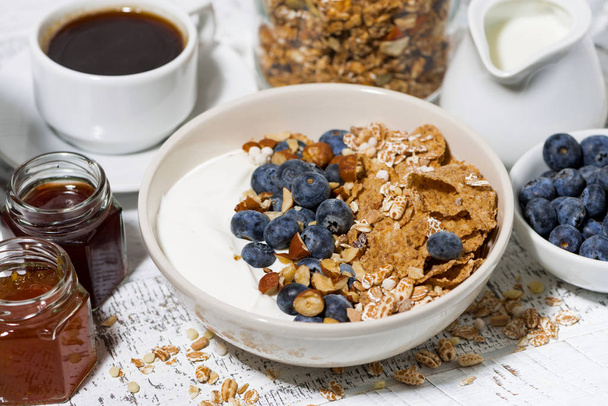 bowl of healthy wholegrain flakes, yogurt and fresh blueberries  - Fotoğraf, Görsel
