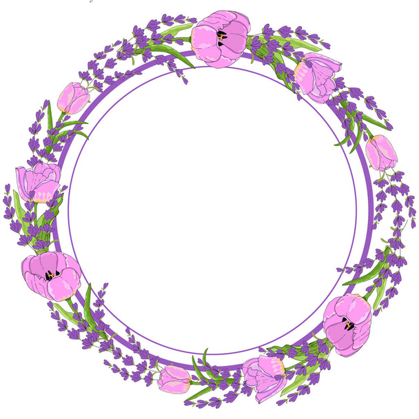 Gift wreath lavender and tulip celebrate holiday. Vector hand draw  Illustration EPS10. - Vetor, Imagem