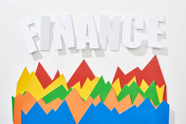top view of finance inscription with multicolor statistic graphs on white background - Photo, Image