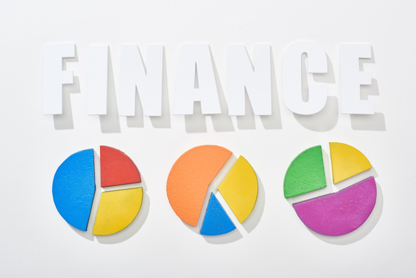 Draufsicht der Finanzinschrift in der Nähe mehrfarbiger Tortendiagramme auf weißem Hintergrund - Foto, Bild