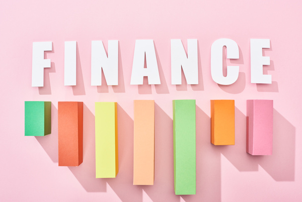 Draufsicht der Finanzinschrift mit Farbblock-Diagramm auf rosa Hintergrund - Foto, Bild