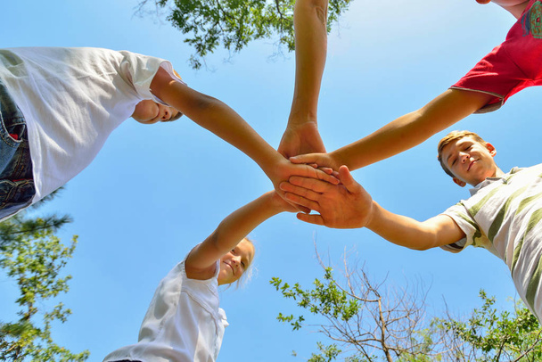 Friends hold hands together, bottom view of a group of people clasped hands. - Photo, Image