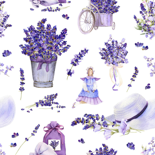 Bezešvé vzory ve stylu Provence s levandulovou květenou, uspořádáním, kytice, tildou panenku, letním kloboukem, květovou rukou nakreslenou ve vodní barvě izolovanou na bílém pozadí. - Fotografie, Obrázek