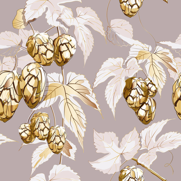Seamless pattern of hop branch with golden Hop cones and leaf on pink-beige background. - Vektor, kép