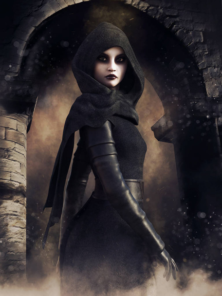 Cena noturna com uma feiticeira em um manto com capuz em frente a um portão gótico. Renderização 3D
. - Foto, Imagem