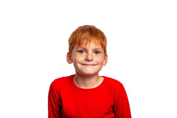 Studio shot of the attractive smiling red-haired boy wearing  re - Photo, Image