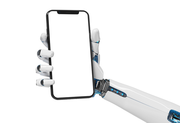 White robot hand holding smartphone mockup 3d rendering - Photo, Image