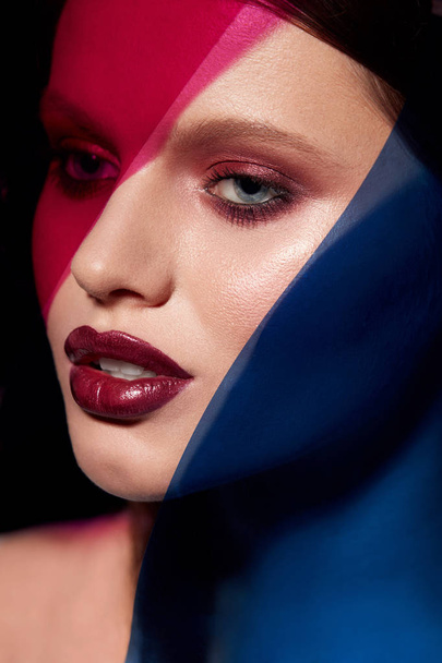 Beauty face makeup. Fashion portrait of girl model with lipstick - 写真・画像