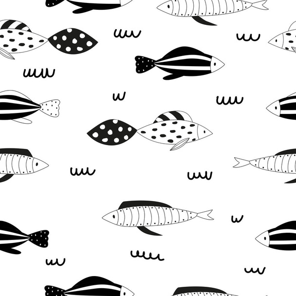 Seamless pattern with cute fish in Scandinavian style. Ideal for printing on children's textiles. Hand-drawn. - Vektor, kép