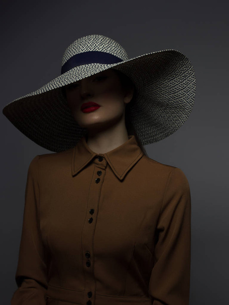 Beautiful woman portrait with red lipstick on lips and a big hat. Vintage image of a mysterious girl. Fashionable makeup. The hat covers half the face. Black eyeliner and extremely long eyelashes - Zdjęcie, obraz