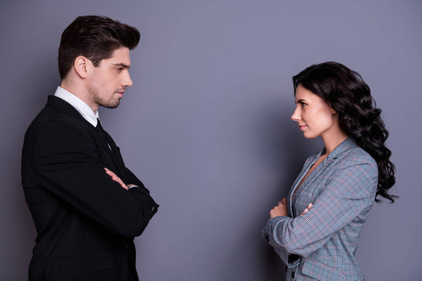 Profile side view portrait of his vs he her she attractive serious stylish content focused partners leadership meeting acquaintance deciding folded arms in formal wear isolated over gray background - Valokuva, kuva