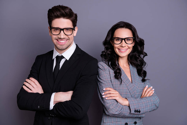 Portrait of his he her she nice attractive stylish content cheerful partners professional experienced experts leaders directors finance consultant folded arms isolated on gray violet purple background - Fotografie, Obrázek