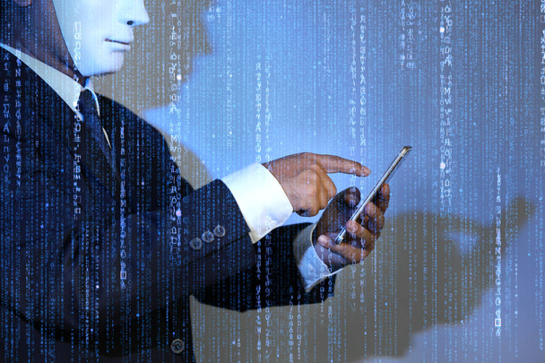 employee or businessman wearing black suit and mask with cell phone hacking and stealing big data and finance information with blue binary code double exposure background - Photo, Image