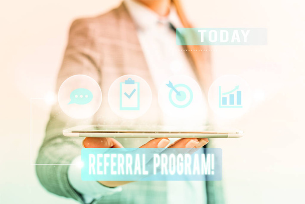 Conceptual hand writing showing Referral Program. Business photo text internal recruitment method employed by organizations. - Photo, Image