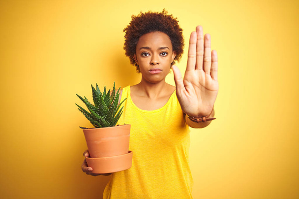 孤立した黄色の背景の上にサボテンポットを持つ若いアフリカ系アメリカ人女性は、真剣で自信に満ちた表情でストップサインを行い、防衛ジェスチャー - 写真・画像