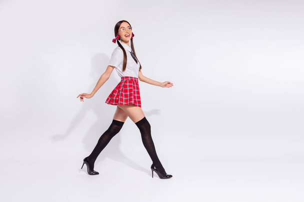 Full length side profile body size photo amazing she her lady exchange student friendly positive mood walk classes lessons wear red checkered plaid suit pantyhose tie isolated white background - 写真・画像
