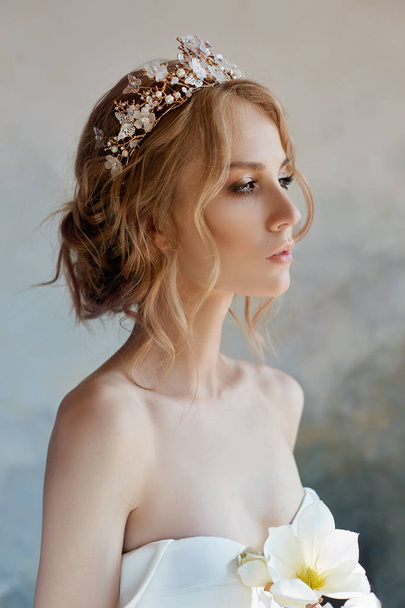 Perfect bride with jewels, a portrait of a girl in a long white  - Photo, Image