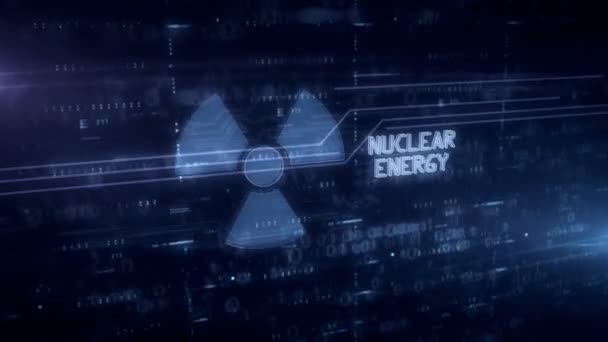 Πυρηνική ενέργεια σύμβολο ολογραφικό 3D κινουμένων σχεδίων. Σύγχρονη έννοια της επιστήμης, εικονίδιο κινδύνου και προειδοποίηση σε μπλε ψηφιακό φόντο. - Πλάνα, βίντεο