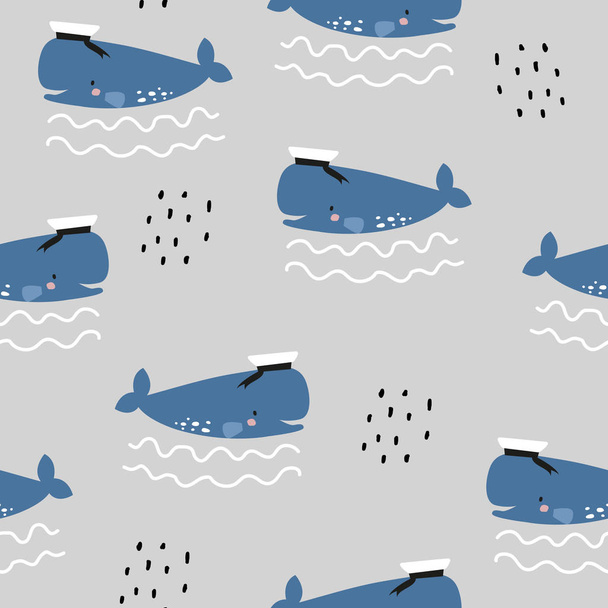 Seamless pattern with cute sperm whale . A Scandinavian-style whale. For printing on fabric, paper, children's clothing. - Vector, Imagen