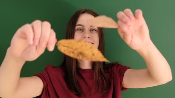 Portrait of young girl with long hair wearing red t-shirt, having fun playing with yellow autumn leaves and looking at camera, against green background. People and lifestyle. - Felvétel, videó