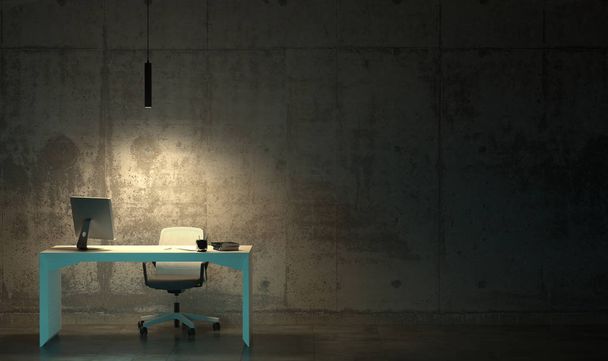 A munkahely egy irodai íróasztal és egy karosszék egy üres komor sötét szobában. Kemény gyűlölködő munka késő este a szürkületben. 3D-s renderelés belső Loft stílusban másolási tér - Fotó, kép