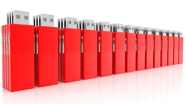 Rij rode USB-sticks op wit - Foto, afbeelding