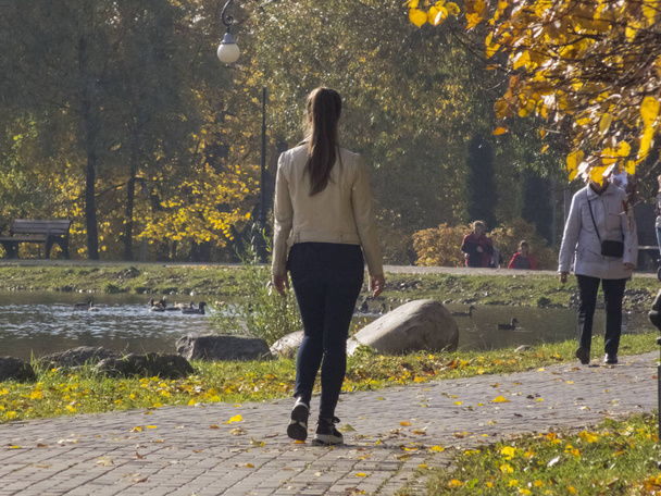 Girl walks by the pond in the park in autumn - Valokuva, kuva