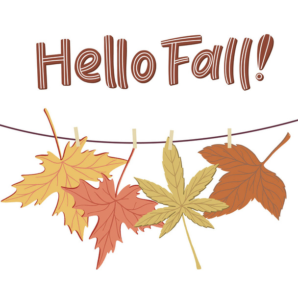 Hello Fall banner, leaves hanging on string peg - Διάνυσμα, εικόνα