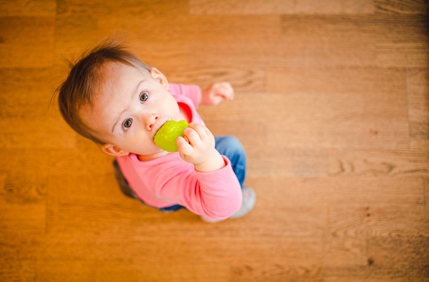 entzückendes Baby auf Holzboden, das mit Gummispielzeug im Mund nach oben schaut. Kopierraum rechts - Foto, Bild