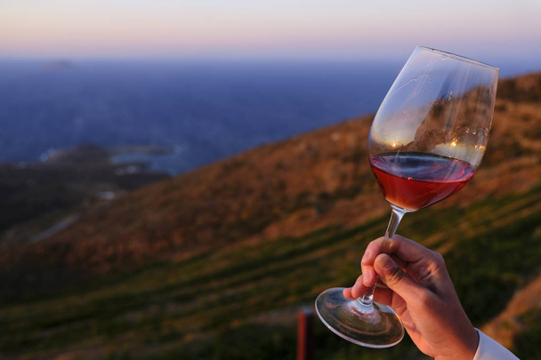 eine Frau hält ein Glas mit Rosenwein in einem Weinberg bei Sonnenuntergang auf der griechischen Insel Serifos. - Foto, Bild