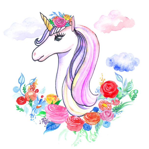 watercolor unicorn and flowers - Photo, Image