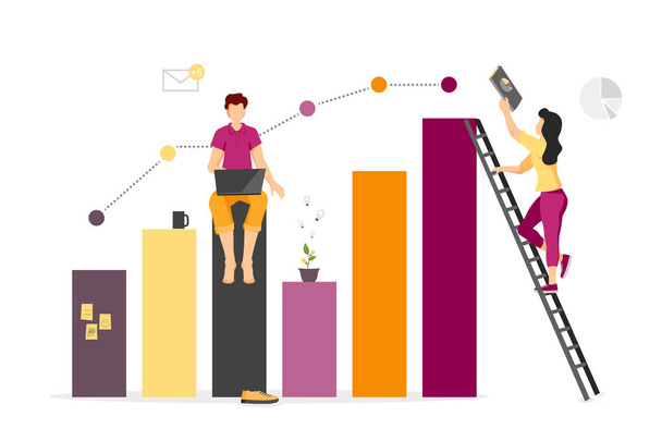 Vector illustration concept of data analysis, statistics, business and workflow. Bar chart with tiny working people. Creative design for banner, poster, business presentation. - Vector, Image