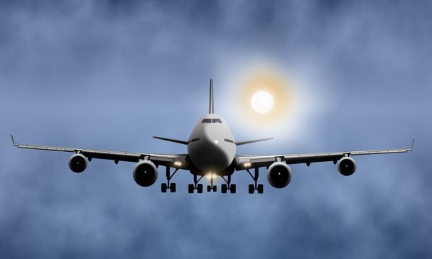 επιβατικό αεροπλάνο που φέρουν στο συννεφιασμένο ουρανό - Φωτογραφία, εικόνα