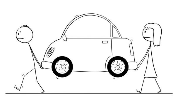 Διάνυσμα κινούμενα σχέδια απεικόνιση του ανθρώπου και της γυναίκας που μεταφέρουν σπασμένο αυτοκίνητο ή αυτοκίνητο έξω από τα καύσιμα ή ηλεκτρική ενέργεια - Διάνυσμα, εικόνα