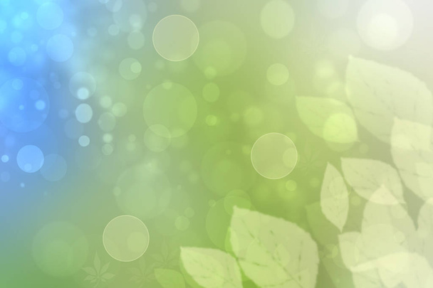 Abstract bright spring or summer landscape texture with natural light green bokeh lights and blue bright sunny sky with leaves. Autumn or summer background with copy space. - Photo, Image