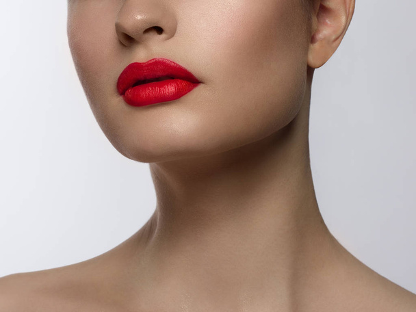 Perfect evening lip makeup. Close up macro photo with beautiful female mouth. Plump full lips. Close-up face detail. Perfect clean skin, light red lip make-up. Beautiful spa tender lip - Photo, Image