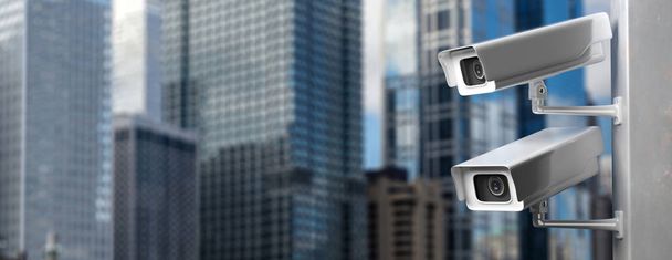 Kamera monitoringu, system CCTV w centrum miasta. ilustracja 3D - Zdjęcie, obraz