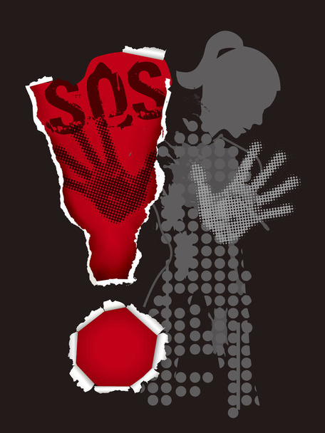 Giovane donna silhouette vittima di violenza.Giovane donna grunge silhouette stilizzata che copre sciopero e rosso strappato punto esclamativo di carta su sfondo nero. Vettore disponibile
. - Vettoriali, immagini