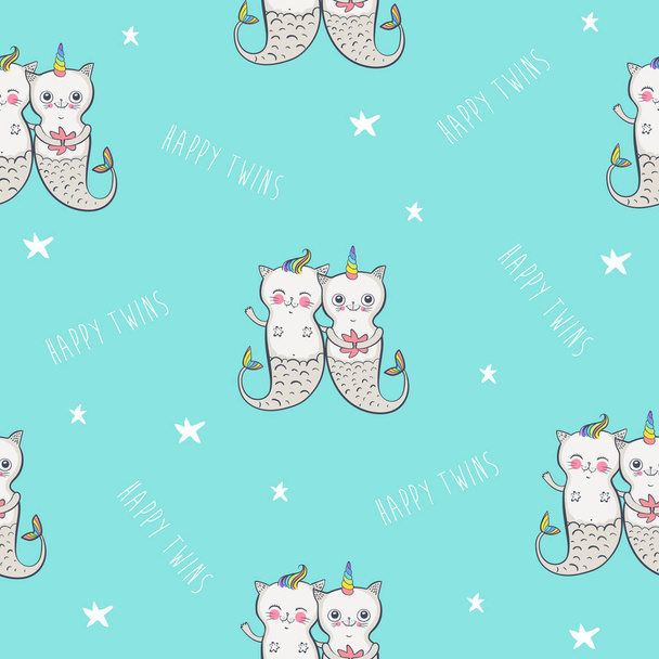 猫人魚シームレスパターン。幸せな双子ベクトルイラスト Eps 10 - ベクター画像