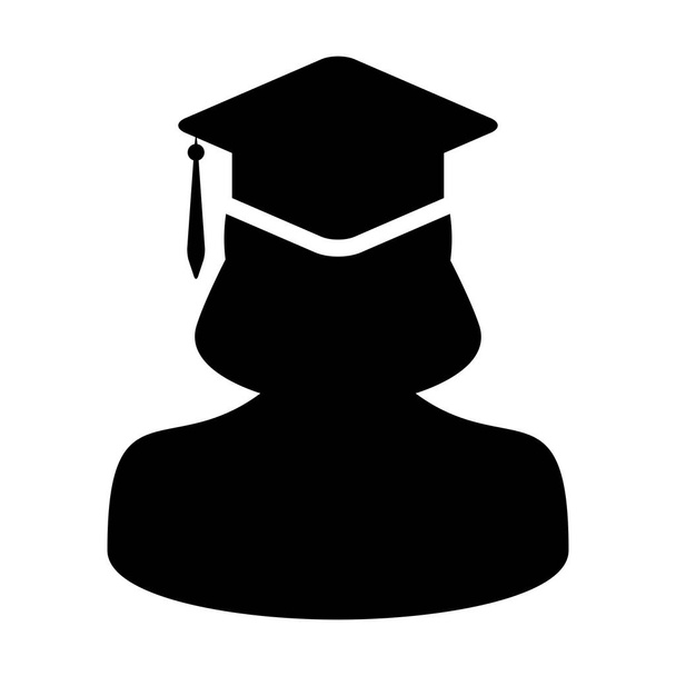 Iskolai ikon vektor női hallgató személy profilja avatar habarcs fórumon kalap szimbóluma iskolai, főiskolai és egyetemi diplomaosztás lapos színű karakterjel piktogram illusztráció - Vektor, kép