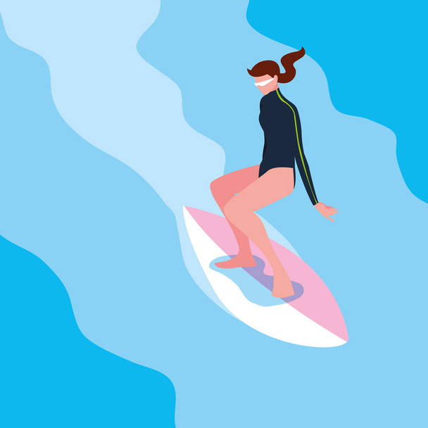 vrouw in Surfboard in Wave avatar karakter - Vector, afbeelding